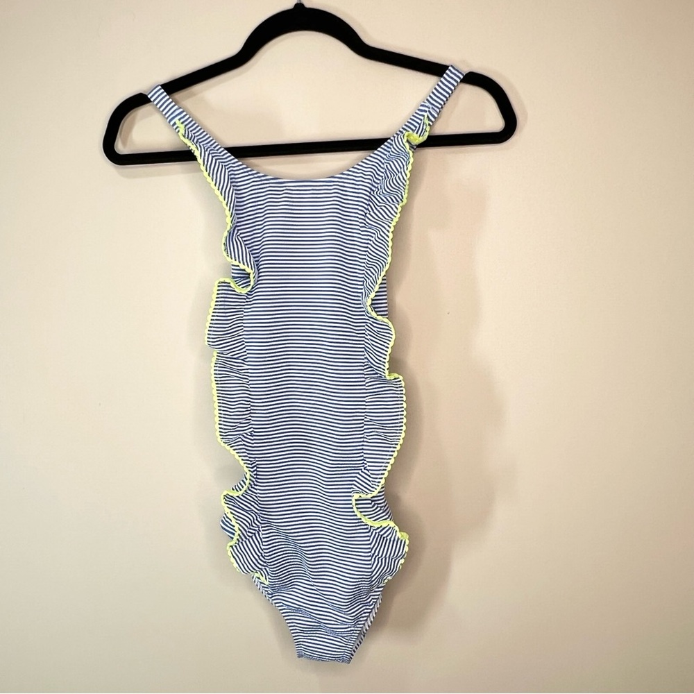 Mini Boden Blue And White Striped Ruffle One Piece Swimsuit 11-12 Y